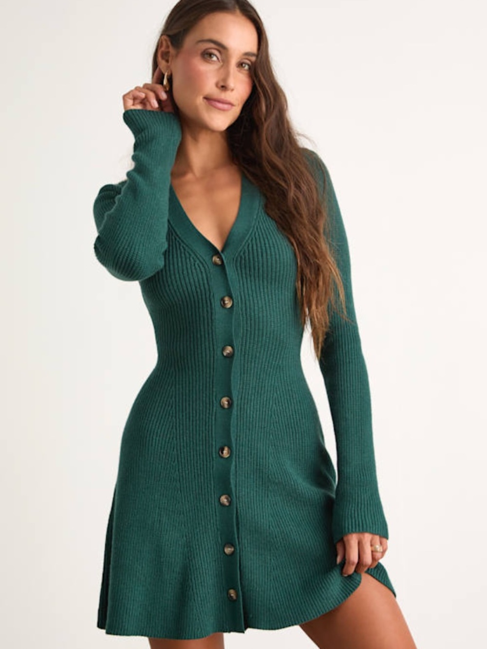 Lulus Adorably Flirty Emerald Button-front Sweater Mini Dress Green - Size XS